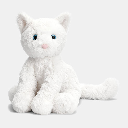 White Ai plush cat toy with blue eyes on a white background