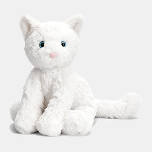 White Ai plush cat toy with blue eyes on a white background