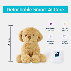 Brown plush dog toy with detachable smart AI core on a white background