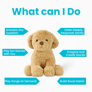 AI stuffed dog toy with text describing its features on a white background