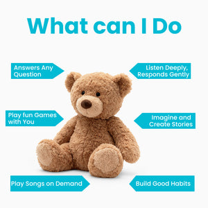 Brown AI toy Benny the Bear with text describing its capabilities on a white background