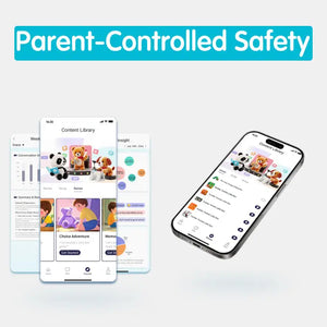Smartphone displaying app interface with 'Parent-Controlled Safety' text on a blue gradient background