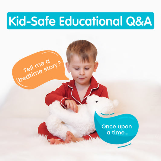 Child in red pajamas holding a white teddy bear with text about kid-safe educational Q&A.