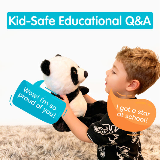 Child holding a plush panda bear with educational text, on a white background