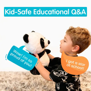 Child holding a plush panda bear with educational text, on a white background