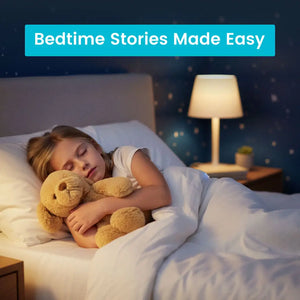 Child sleeping in bed with a teddy bear, nightlight on, text 'Bedtime Stories Made Easy' above.