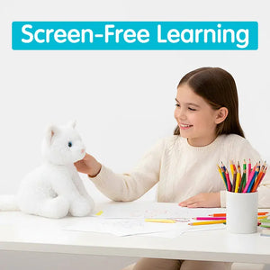 Child playing with a plush toy at a table with 'Screen-Free Learning' text above.
