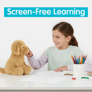 Girl playing with a plush dog toy at a table with 'Screen-Free Learning' text above.