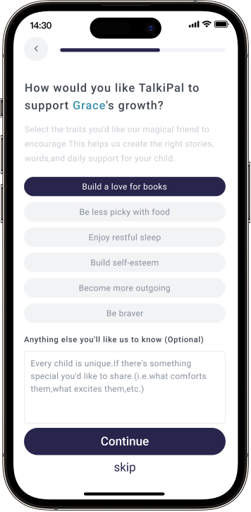 Phone screen showing a questionnaire for TalkiPal app with options to support a child's growth.