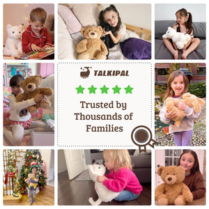 Collage of children with teddy bears and a five-star rating for Talkipal, indicating trust by thousands of families.