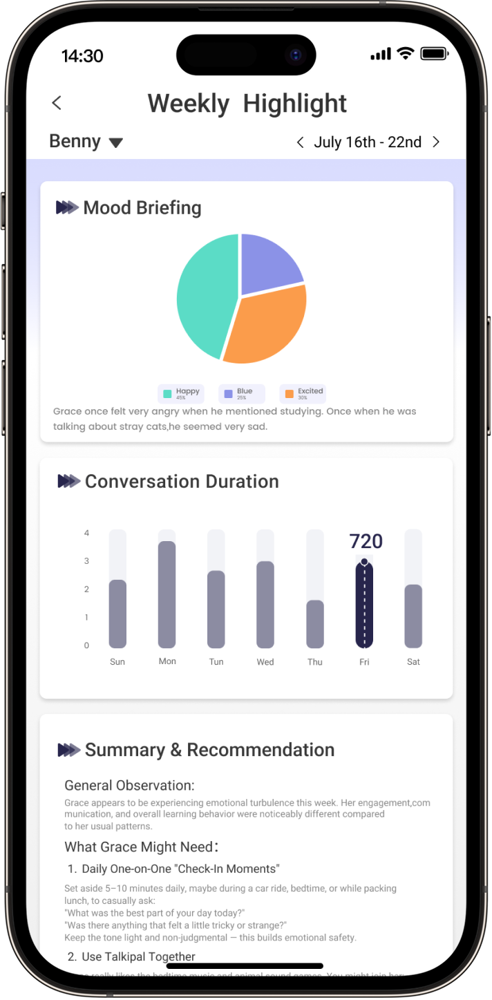 Phone screen displaying a weekly highlight summary of TalkiPal chating with charts and text.