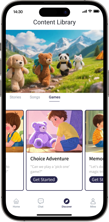 Phone screen showing TalkiPal app with teddy bears and mountains in the background