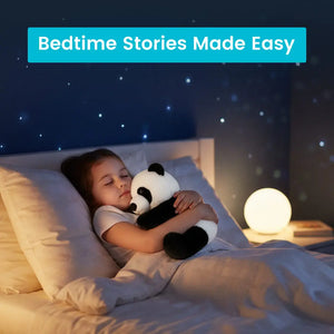 Child sleeping with a panda plush toy in a bedroom setting with a night light.