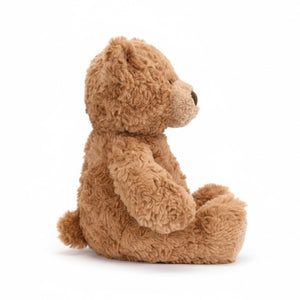 Brown teddy bear AI toy sitting on a white background