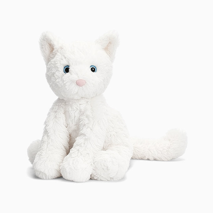 White Ai plush cat toy with blue eyes on a white background