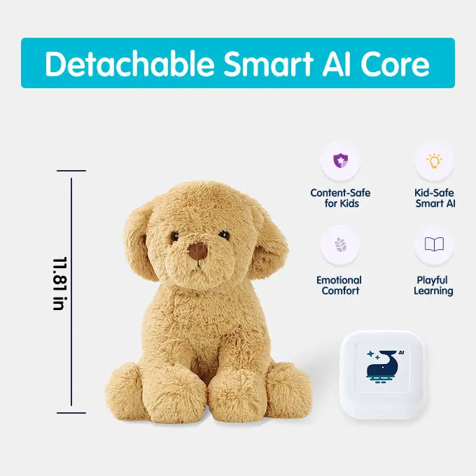 Brown plush dog toy with detachable smart AI core on a white background