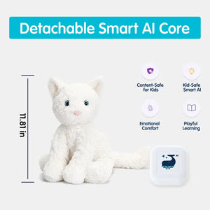 White plush toy with detachable smart AI core on a white background