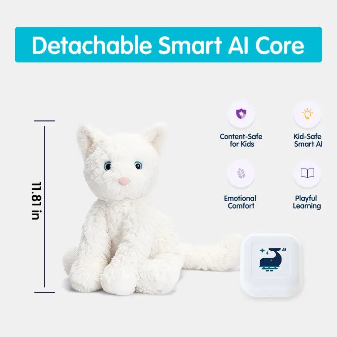 White plush toy with detachable smart AI core on a white background