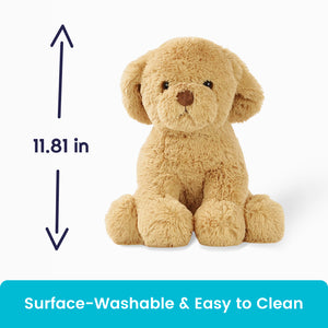 Beige plush dog toy with measurement label and text about surface-washability on a white background