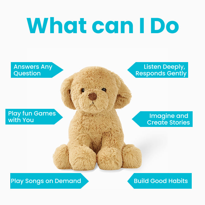 AI stuffed dog toy with text describing its features on a white background