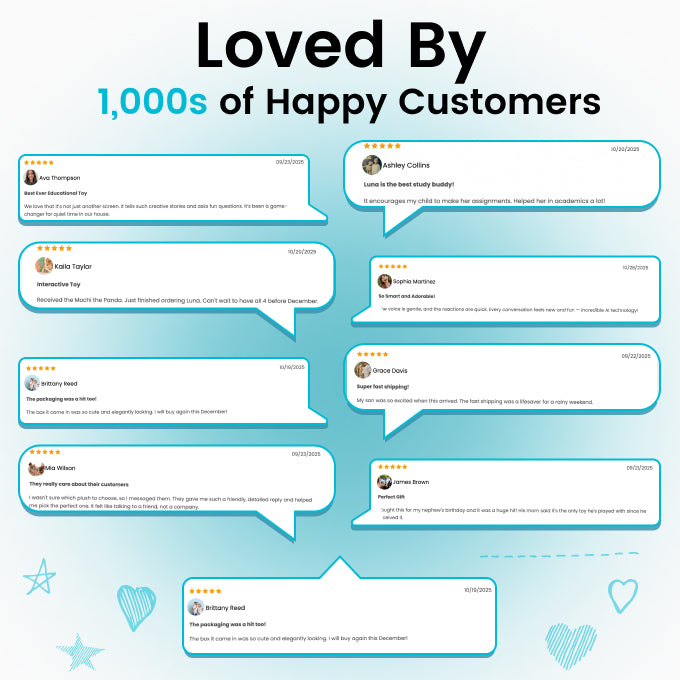 Customer reviews displayed in speech bubbles with a blue gradient background
