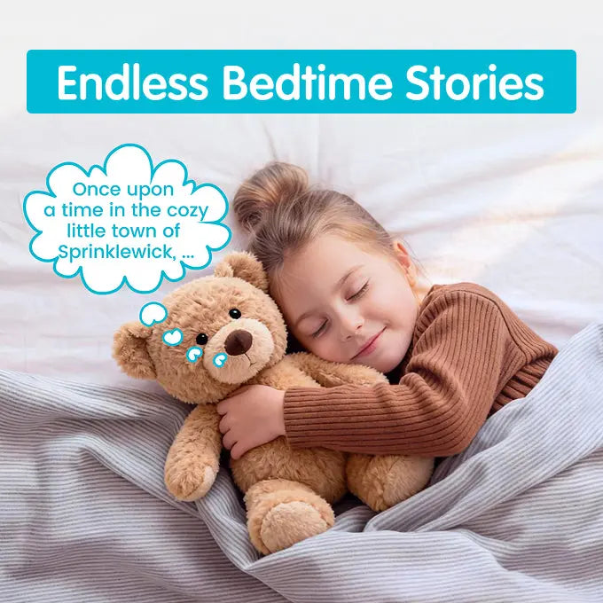 Child hugging a teddy bear in bed with 'Endless Bedtime Stories' text above