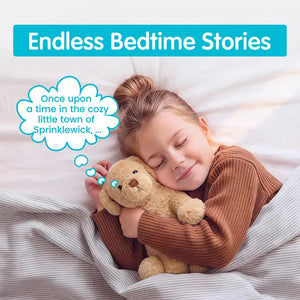 Child holding a teddy bear with 'Endless Bedtime Stories' text above