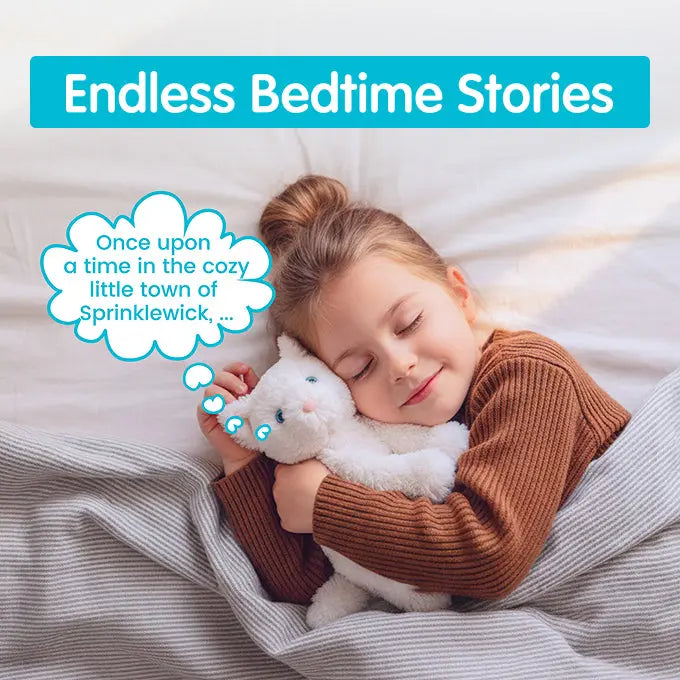 Child sleeping with a teddy bear in bed, with text about bedtime stories and Sprinklewick.