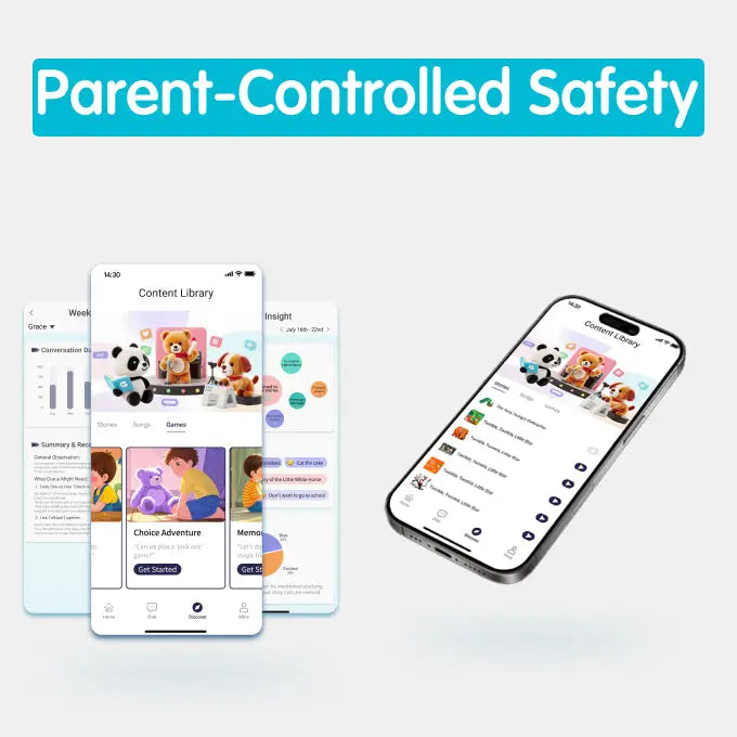 Smartphone displaying app interface with 'Parent-Controlled Safety' text on a blue gradient background