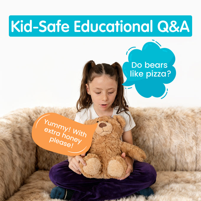 Child holding a teddy bear with a question bubble and answer about bears liking pizza on a beige couch.