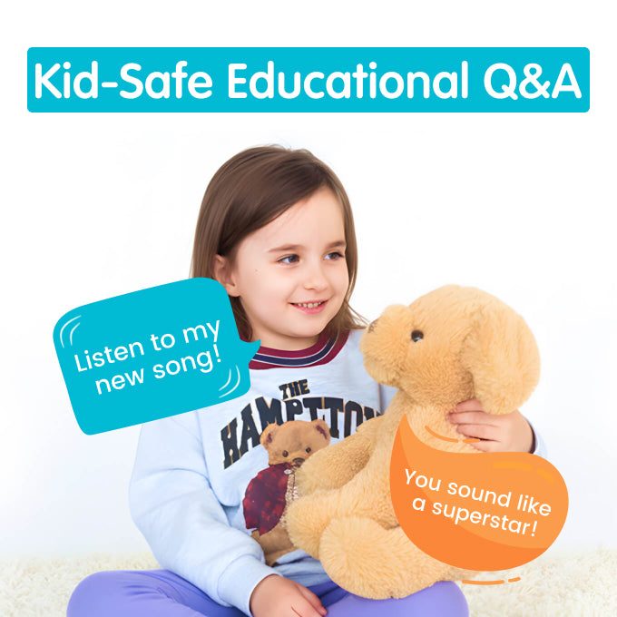 Young girl holding a teddy bear with text bubbles indicating a kid-safe educational Q&A session.