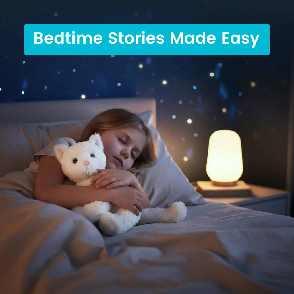 Child in bed with a teddy bear, night light, and 'Bedtime Stories Made Easy' text.