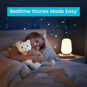 Child in bed with a teddy bear, night light, and 'Bedtime Stories Made Easy' text.