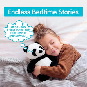 Child holding a panda plush toy with 'Endless Bedtime Stories' text above.